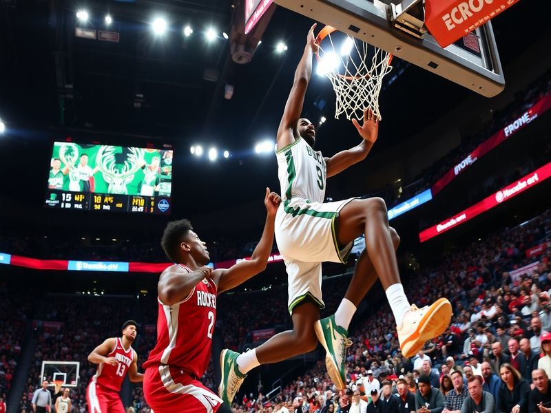 A split-screen image showing Giannis Antetokounmpo defending James Harden during the playoff series. Giannis is in a Bucks je