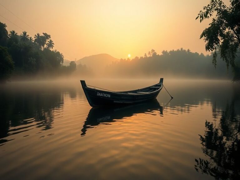 A contemplative portrait of Darathorn Yoothong in a dimly lit film studio, surrounded by vintage Thai movie posters and a vin