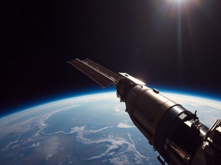 A high-angle view of the International Space Station (ISS) in orbit above Earth, showing its solar panels fully extended and
