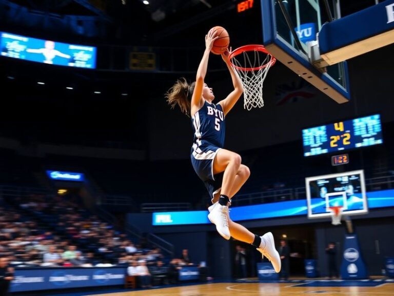 A dynamic action shot of the BYU women's basketball team in their navy and white uniforms during a game at the Marriott Cente