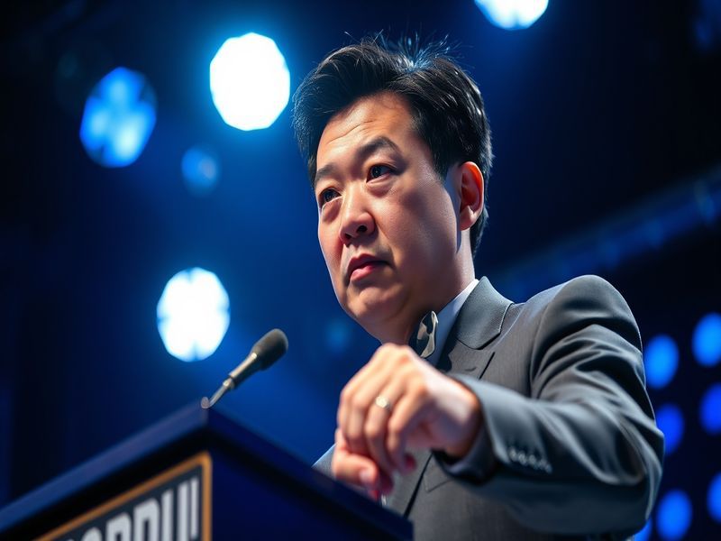 Jamie Ding, a confident Asian contestant, stands at the Jeopardy podium with the game board visible in the background. He is