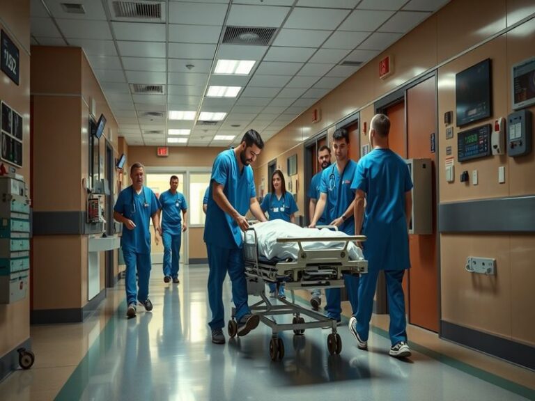 A dramatic scene from Chicago Med's season 9 premiere featuring doctors in scrubs rushing through a chaotic ER hallway. The l