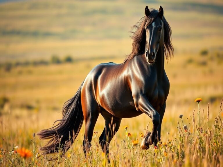 A majestic black stallion standing in a sunlit paddock, muscles defined, mane flowing, with a backdrop of rolling green hills