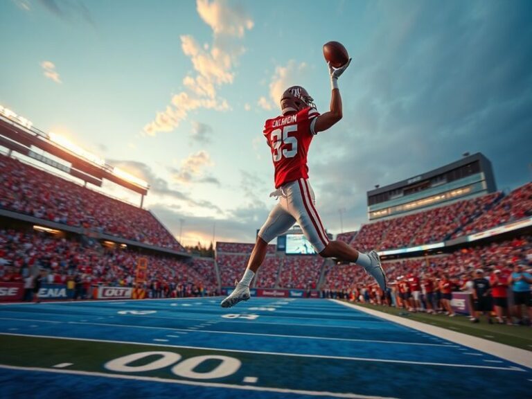 A split-image visual contrasting Oklahoma and Colorado: on the left, a packed Oklahoma Memorial Stadium with red-clad fans; o