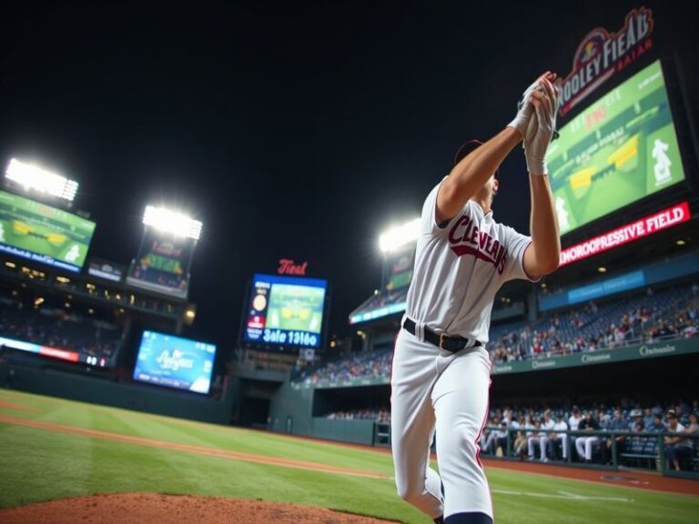 A split-screen image showing a Cleveland Guardians player at Progressive Field on the left and a Los Angeles Dodgers player a