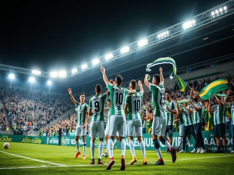 A vibrant stadium scene at night showing fans in green and white (Atlético Nacional) and red and black (Cúcuta Deportivo) wav