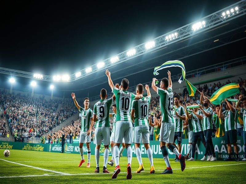 A vibrant stadium scene at night showing fans in green and white (Atlético Nacional) and red and black (Cúcuta Deportivo) wav