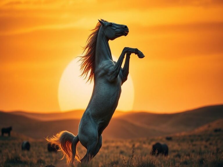 A majestic black stallion rearing on a grassy plain at golden hour, with a rider in traditional attire, symbolizing power and