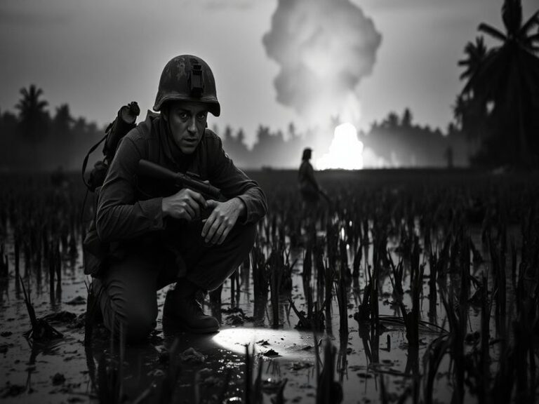 A black-and-white photograph of U.S. soldiers in dense jungle foliage during the Vietnam War, with helicopters in the backgro