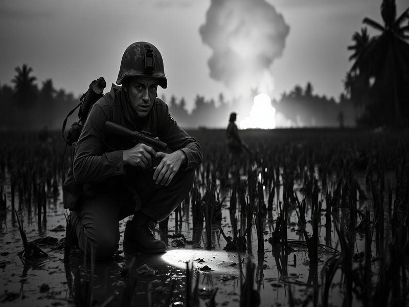 A black-and-white photograph of U.S. soldiers in dense jungle foliage during the Vietnam War, with helicopters in the backgro
