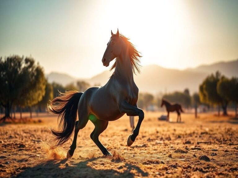 A majestic black stallion rearing on a grassy field, with a golden sunset in the background, embodying strength and nobility.