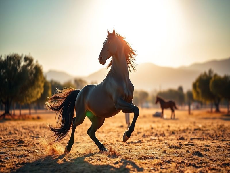 A majestic black stallion rearing on a grassy field, with a golden sunset in the background, embodying strength and nobility.