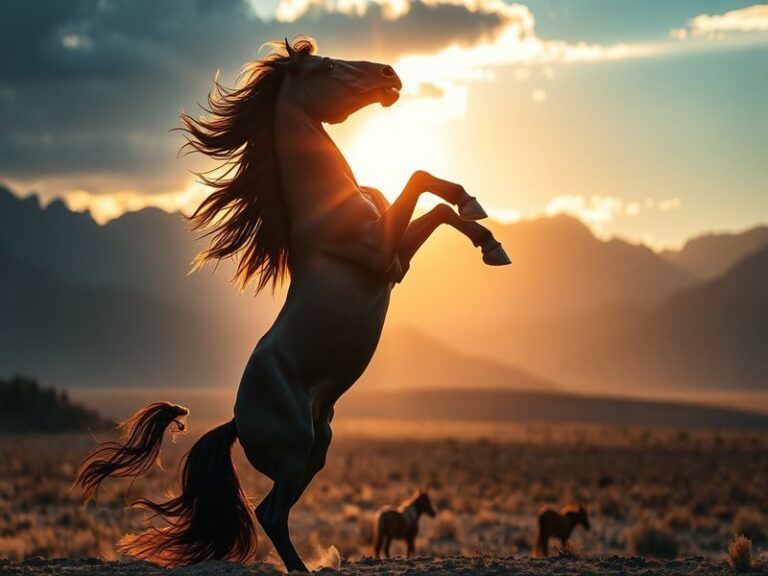 A majestic black stallion rearing against a golden sunset, with a rider in traditional attire, symbolizing power and heritage