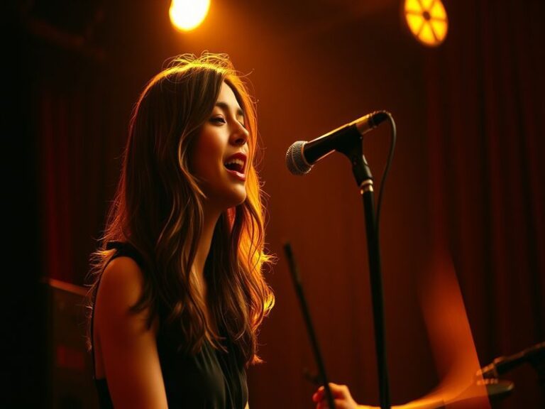 A stylish portrait of Alana Haim in a retro-inspired setting, wearing a vintage outfit while holding a guitar or standing con