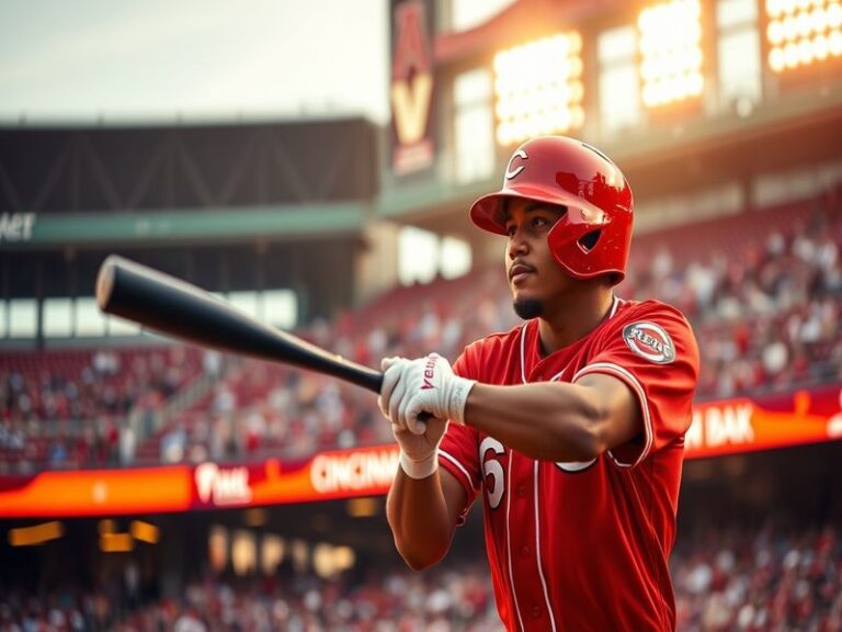 Jonathan India mid-swing during a Cincinnati Reds game, focused intently on the pitch, wearing his home uniform with the team