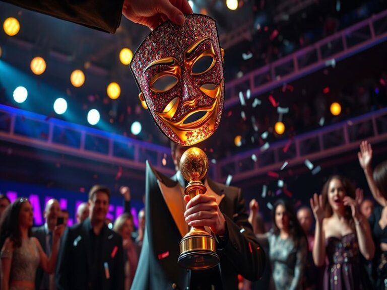 A vibrant stage setup with Peppermint Panda in a dazzling sequined costume, holding her winning trophy under confetti and bri