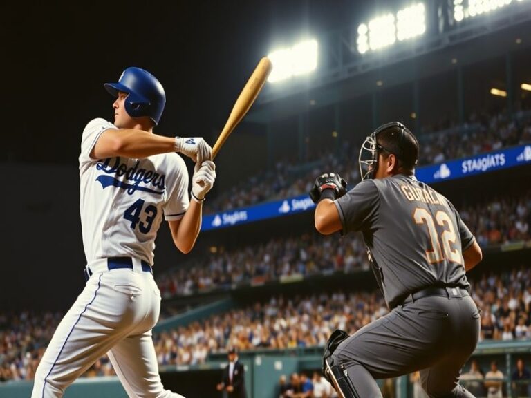 A split-screen image showing Dodger Stadium in Los Angeles with a bright sunny sky and Progressive Field in Cleveland under l