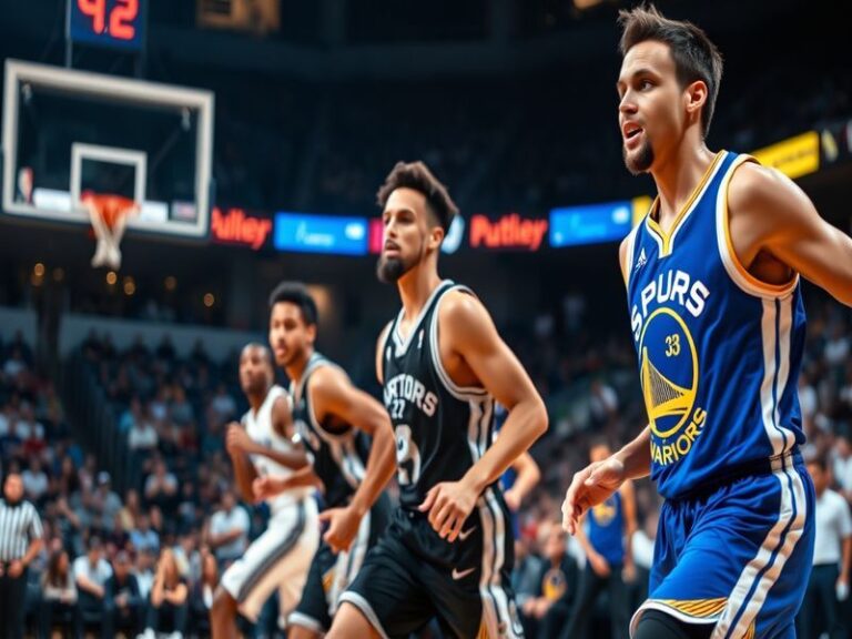 A basketball court at night with players in Spurs and Warriors jerseys contesting a loose ball near the hoop. The arena light