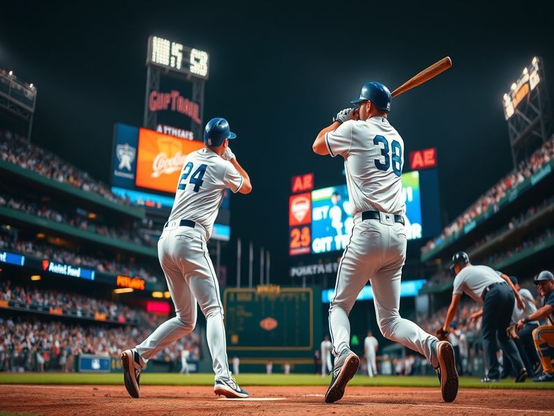 A split-screen image showing the Dodgers celebrating in the dugout on one side and the Guardians huddled on the field on the