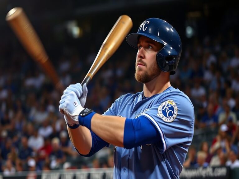 A dynamic action shot of Kyle Isbel in a Kansas City Royals uniform, mid-play in center field with his glove extended to catc