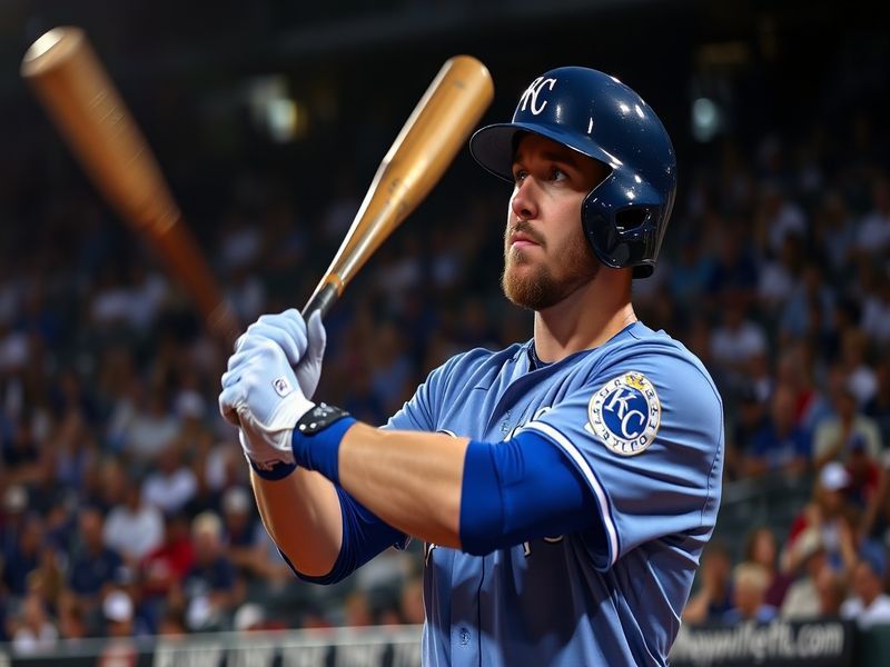 A dynamic action shot of Kyle Isbel in a Kansas City Royals uniform, mid-play in center field with his glove extended to catc