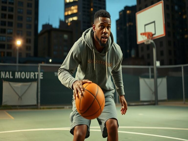 A split-image visual: on the left, J. Cole in a vintage basketball uniform mid-dribble on a North Carolina court; on the righ