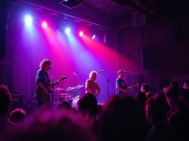 A vibrant concert crowd under a massive LED dome with neon lights, featuring holographic performers and drone swarms forming