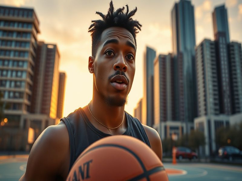 A split-image visual: on the left, J. Cole in a recording studio with basketball memorabilia in the background; on the right,