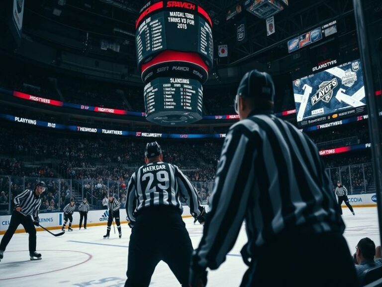 A split-screen image showing two NHL playoff-bound teams in action: one celebrating a goal in a packed arena, and the other i