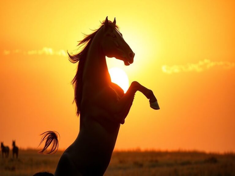 A powerful stallion rearing on a grassy plain at golden hour, its muscular form highlighted by the warm sunlight, mane flowin