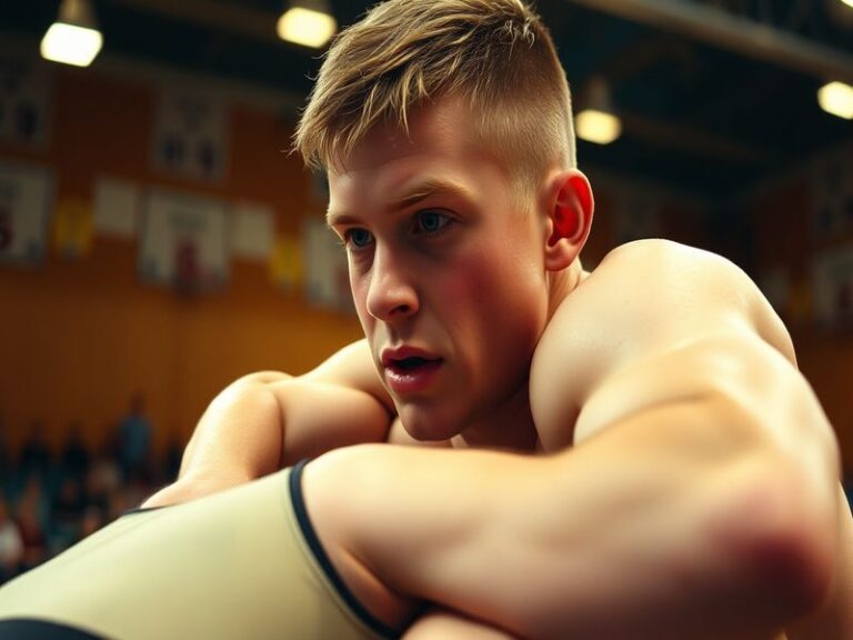 A mid-career sports journalist sitting in a press box, taking notes during a high school football game. The background shows