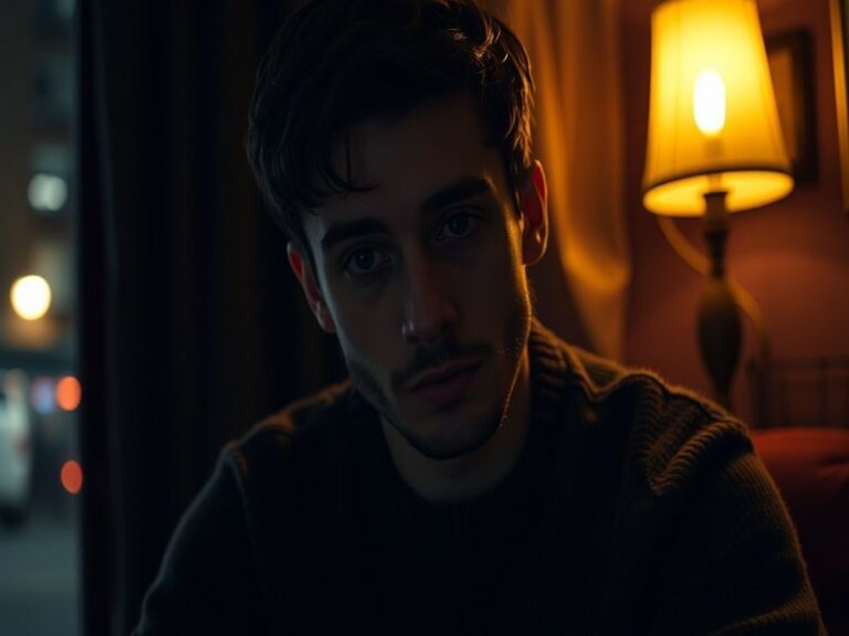 A moody, candid photo of Dominic Fike performing on stage at dusk, wearing a vintage t-shirt and ripped jeans, with a guitar