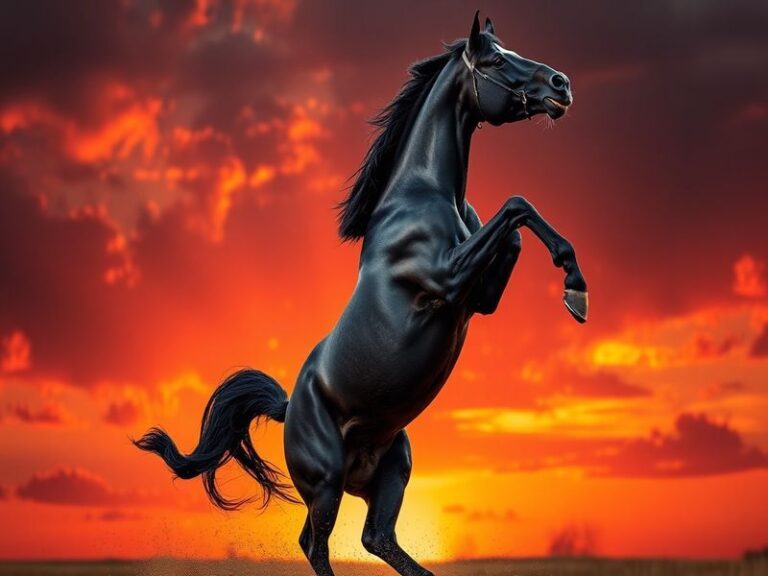 A majestic black stallion rearing on a grassy plain at golden hour, with a wild herd in the background and the sun casting a