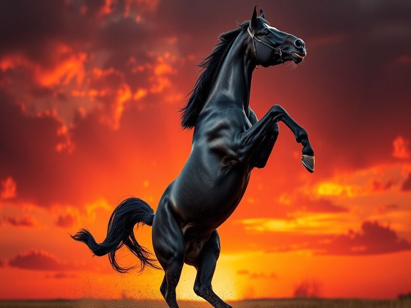 A majestic black stallion rearing on a grassy plain at golden hour, with a wild herd in the background and the sun casting a
