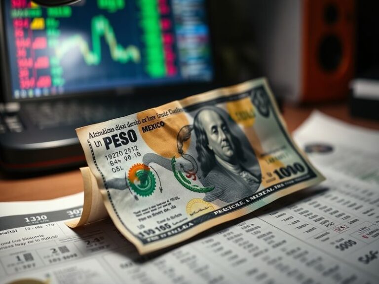 Una gráfica de líneas mostrando la fluctuación del tipo de cambio USD/MXN en un monitor de trading, con el fondo de una ciuda