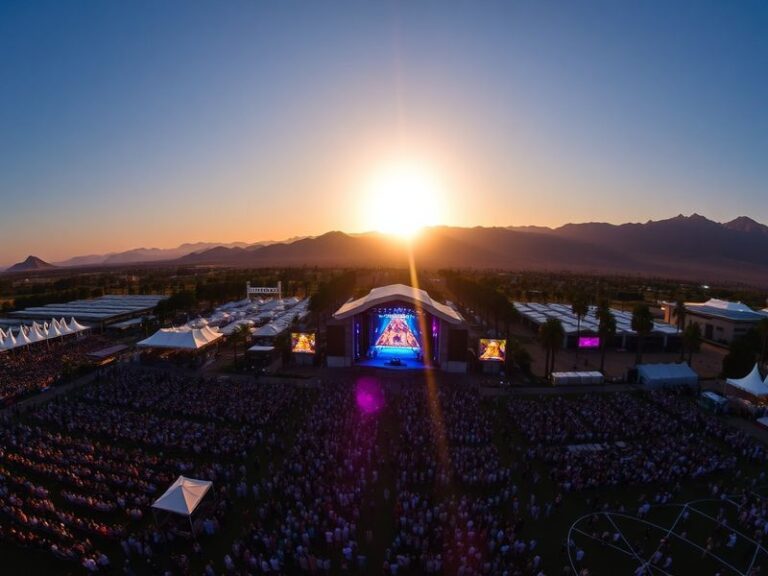 A vibrant desert sunset over Coachella’s iconic main stage, with colorful stage lights reflecting off the crowd. The scene ca