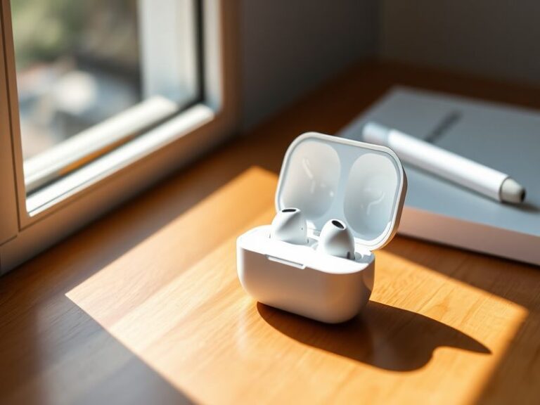A sleek, modern setup featuring the Apple AirPods Pro in their charging case, placed on a minimalist wooden surface with a so