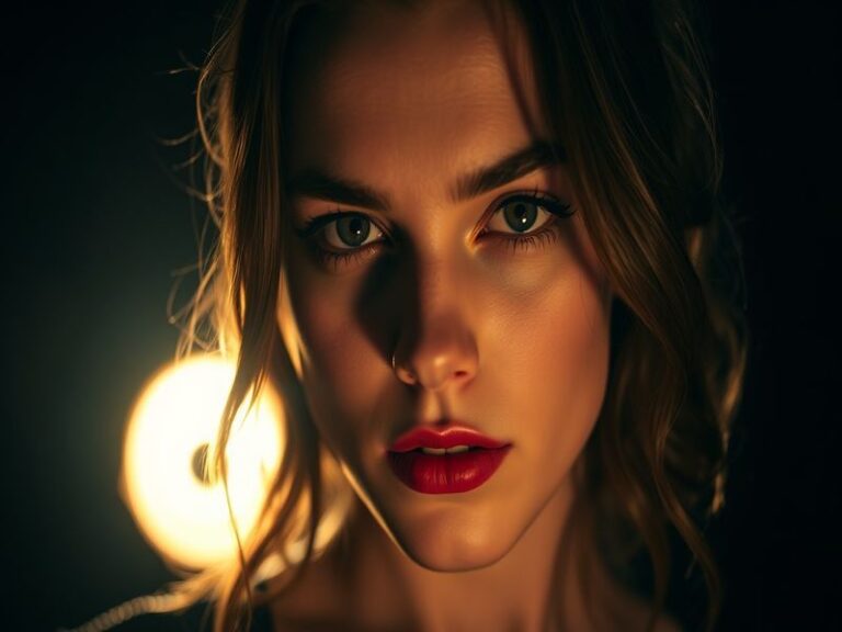 A portrait of Anya Taylor-Joy in a dramatic, moody lighting setup—wearing a dark coat with windswept hair, evoking both inten