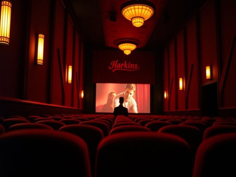 A modern Harkins theater lobby with digital displays, premium seating, and guests enjoying concessions, illustrating luxury c