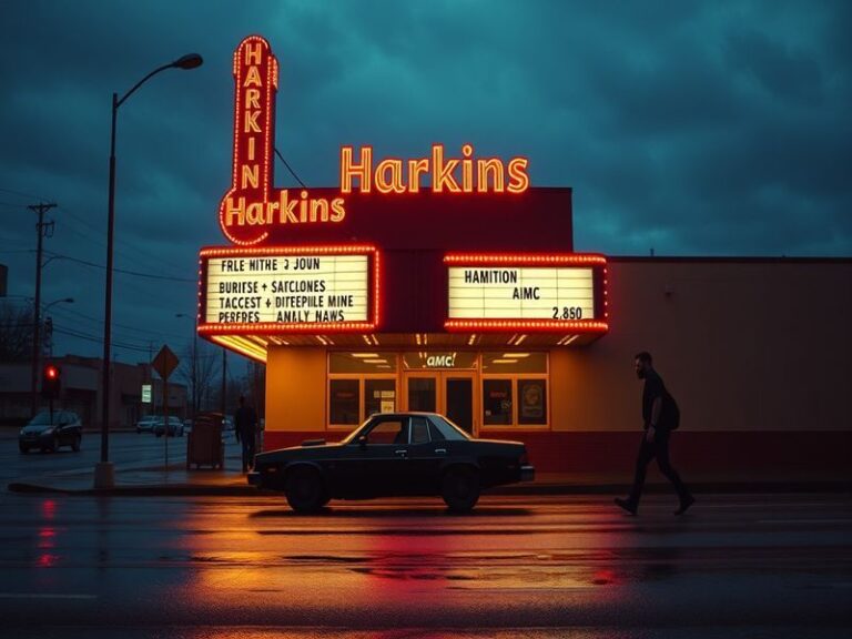 A vibrant, retro-style Harkins theater marquee at dusk, with neon lights spelling out the name and movie titles. The foregrou