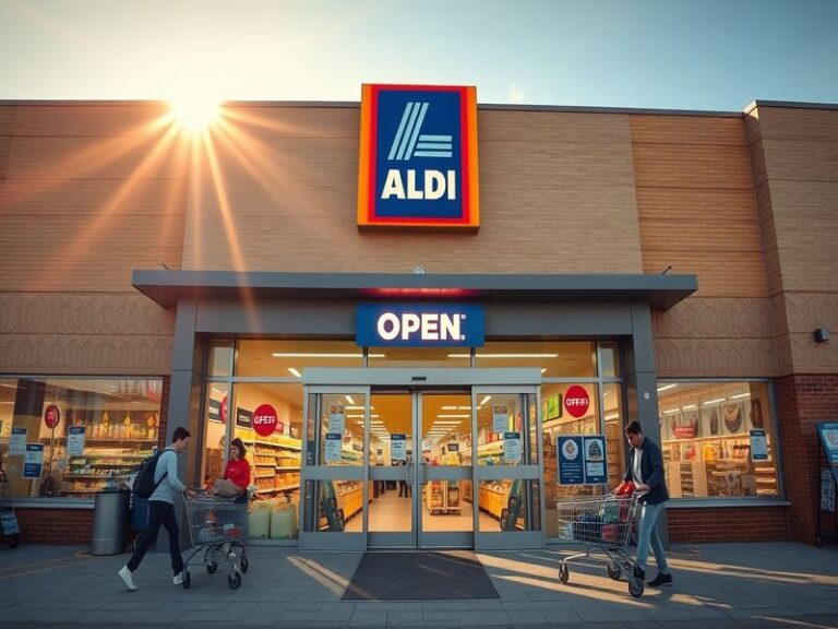 An exterior shot of an Aldi supermarket in the UK, captured during early morning light with shoppers entering the store. The