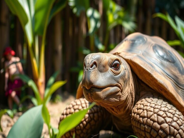A close-up of Jonathan the Seychelles giant tortoise basking in sunlight on St. Helena, surrounded by lush greenery, with a v
