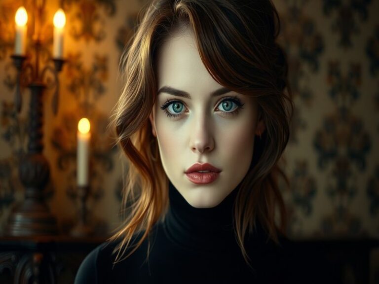 Anya Taylor-Joy in a moody, cinematic portrait, dressed in a dark, textured outfit with subtle makeup, standing in a dimly li