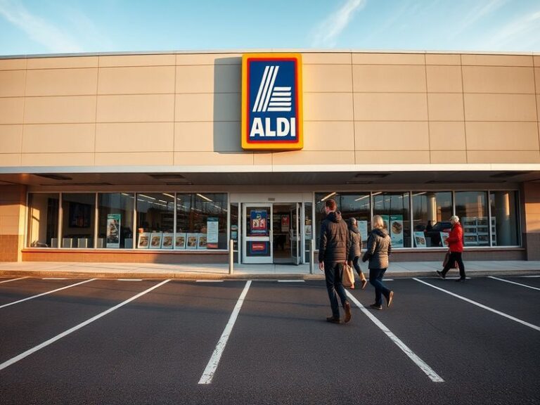 A well-lit Aldi supermarket exterior at dusk, with shoppers entering and exiting. The store’s signage is clearly visible, and