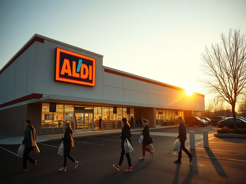 A well-lit Aldi supermarket exterior during dusk, with shoppers entering and exiting. The store sign is prominently displayed