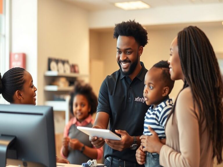 A split-screen image showing a modern suburban home with an Xfinity van parked outside and a close-up of a Wi-Fi router displ