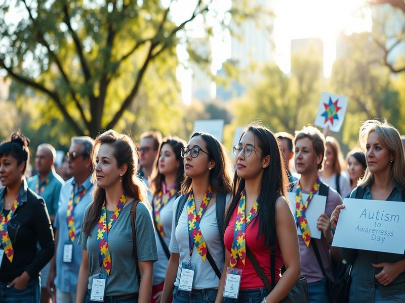 A diverse group of autistic individuals and allies participating in a community event, with sensory-friendly elements like no