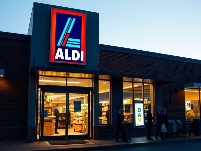 A well-lit ALDI storefront at dusk, with customers entering and exiting, showcasing the brand’s signature blue and orange sig