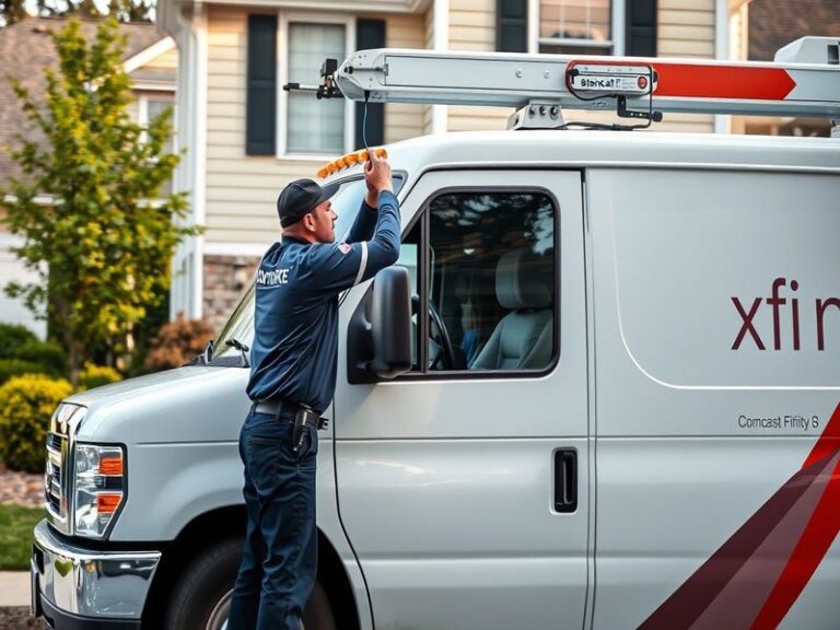 A split-screen image showing a modern suburban home with an Xfinity van outside and a close-up of a router with glowing light