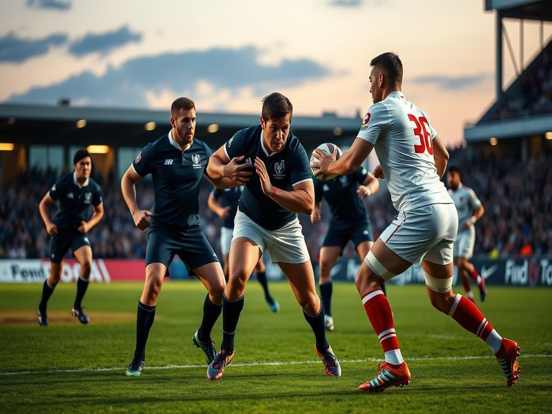 A dynamic action shot of a Scotland player breaking a tackle against Oman defenders, with the Omani flag visible in the backg